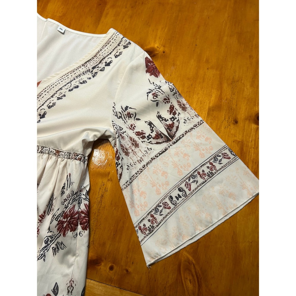 Boho Floral Hi Low Maxi Dress XXL Cream Burgundy Bell Sleeve V-Neck Empire Waist - Picture 4 of 12